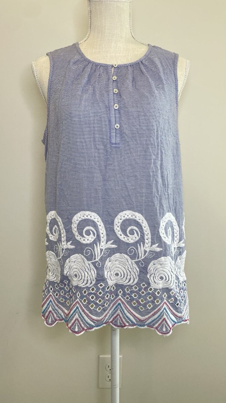 Talbots Beaded Sleeveless July 4th Embellished Floral Beach Blue Large Petite Lp